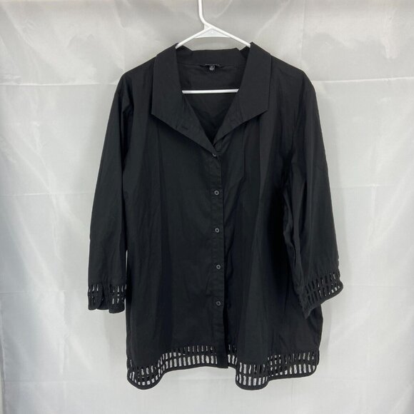 Misook Women 1X Tunic Blouse Minimalist Black 3/4 Sleeve Cutouts Button Up Top - Picture 1 of 10